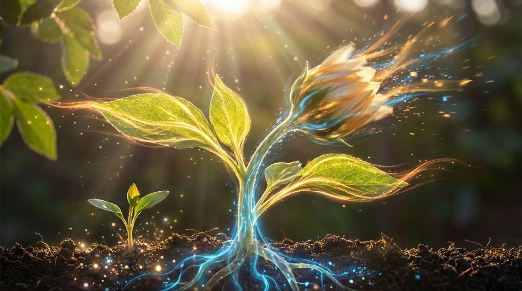 Plant with glowing fulvic acid energy flowing through roots and leaves in sunlight