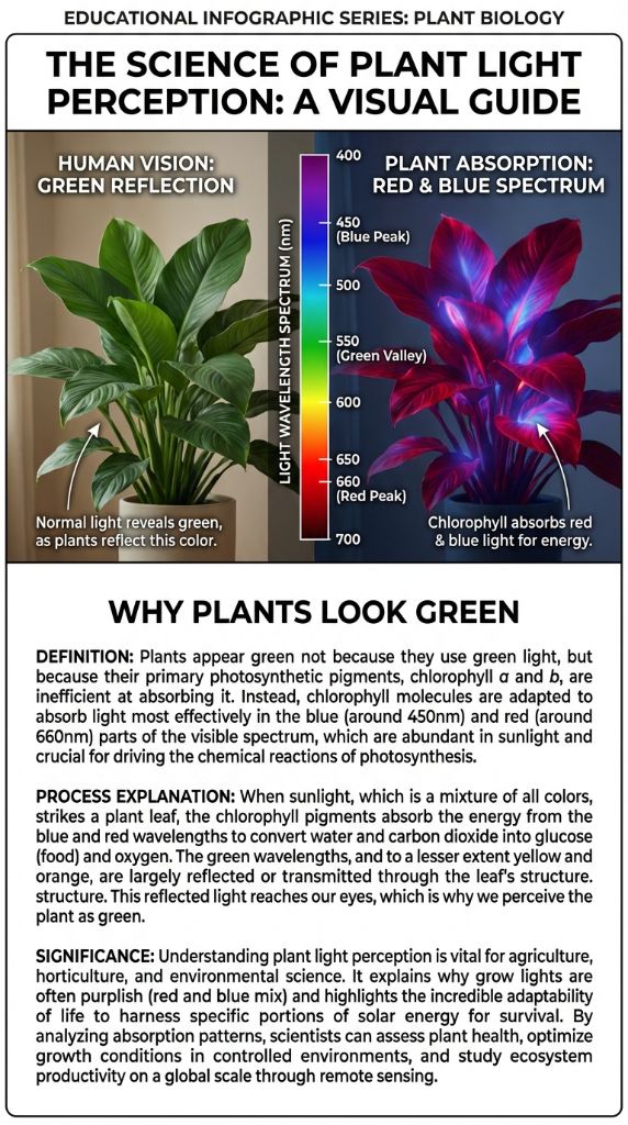 Educational infographic: The Science of Plant Light Perception — how plants absorb red and blue light wavelengths for photosynthesis